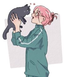  1girl alien_stage animal animalization black_cat cat claw_hair_clip commentary glasses green_jacket heart holding holding_animal holding_cat jacket long_sleeves mizi_(alien_stage) motii open_mouth pink_hair sua_(alien_stage) symbol-only_commentary violet_eyes yellow_eyes 