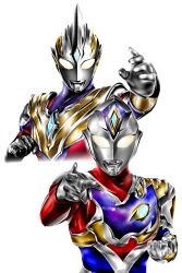  2boys alien armor asymmetrical_arms blue_skin breastplate clenched_hand color_timer colored_skin commentary compound_eyes cropped_torso crystal dorsal_fin fighting_stance forehead_jewel glowing glowing_eyes gold_armor gold_vambraces hands_up hanejidyna86 highres in-franchise_crossover looking_at_viewer male_focus multicolored_armor multicolored_skin multiple_boys muscular muscular_male outstretched_arm pectorals purple_skin red_skin shoulder_armor silver_skin silver_trim simple_background tokusatsu ultra_series ultraman_decker ultraman_decker_(flash_type) ultraman_decker_(series) ultraman_trigger ultraman_trigger_(multi_type) ultraman_trigger_(series) upper_body vambraces white_background white_eyes wrinkled_skin 