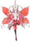  1girl butterfly_wings cage fiery_wings fire fujiwara_no_mokou hair_ribbon hanging highres holding legwear_under_shorts ll.ee. long_sleeves ofuda pantyhose red_eyes ribbon shirt shoes shorts sitting solo suspenders swing touhou transparent_background white_shirt wings 