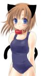   blue_eyes blush brown_hair collar higurashi_no_naku_koro_ni nekomimi rena_ryuuguu school_swimsuit short_hair swimsuit uniform  