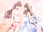  2girls auburn_hair blush bouquet brown_hair dress gloves holding holding_hands kitajima_kaede kitajima_sara long_hair open_mouth peko sleeveless sono_hanabira_ni_kuchizuke_wo strapless veil wedding_dress yuri 