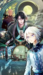  3boys age_difference androgynous architecture arms_behind_back black_hair blue_eyes braid chinese_clothes closed_mouth clothing_request commentary cup double-parted_bangs east_asian_architecture fate/grand_order fate_(series) floating_hair frown full_moon gradient_hair green_hair grey_jacket hair_between_eyes hair_slicked_back holding holding_cup jacket koi li_shuwen_(fate) li_shuwen_(old)_(fate) long_hair long_sleeves lower_teeth_only male_focus mandarin_collar mikanagi_touya moon multicolored_eyes multicolored_hair multiple_boys multiple_views official_alternate_costume official_art old old_man open_mouth parted_bangs prince_of_lan_ling_(fate) prince_of_lan_ling_(moonlit_night_encounter)_(fate) seiza shanghai_neckline short_hair sidelocks single_braid sitting smile standing taigong_wang_(fate) tangzhuang teeth third-party_source two-tone_eyes two-tone_hair v-shaped_eyebrows very_long_hair violet_eyes white_hair window 