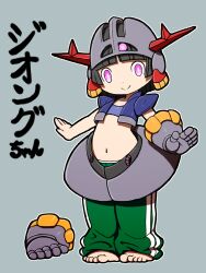  1girl barefoot beeru_(veil8801) black_hair blue_vest bright_pupils character_name closed_mouth full_body gauntlets green_pants grey_background grey_helmet gundam helmet highres legs_together mobile_suit_gundam navel open_clothes open_vest outline pants personification pink_eyes short_hair simple_background single_gauntlet smile solo standing track_pants vest white_outline white_pupils zeong 