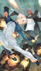  108-nin_no_halloween_rebellion! 2boys ahoge black_pants blue_shoes chen_gong_(fate) chinese_clothes commentary dark-skinned_male dark_skin dynamic_pose explosion fate/grand_order fate_(series) glasses gloves green_background hair_between_eyes hair_slicked_back hair_tie holding holding_scroll huge_ahoge jacket jumping long_sleeves low_ponytail male_focus mandarin_collar midair military_vehicle motor_vehicle multiple_boys official_alternate_costume official_art okazaki_takeshi open_clothes open_jacket open_mouth outstretched_arm pankou pants parted_lips ponytail prince_of_lan_ling_(fate) purple_hair scroll shirt shoes short_hair sidelocks small_sweatdrop tangzhuang tank teeth violet_eyes white_gloves white_hair white_pants white_shirt zoom_layer 