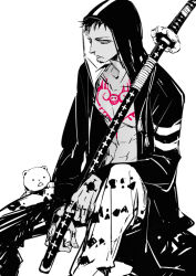  1boy abs bear bepo chest_tattoo coat commentary facial_hair goatee hand_tattoo hood hooded_coat male_focus monochrome one_piece open_clothes open_coat pants simple_background sitting spot_color sword tattoo trafalgar_law weapon zmore 