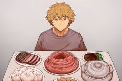  1boy blonde_hair brown_eyes chainsaw_man denji_(chainsaw_man) food grey_shirt hamburger_steak haraya_manawari highres looking_at_viewer male_focus meat nikocado_avocado pink_hair plate shirt short_hair solo steamed_bun t-shirt table 