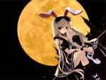  black black_legwear blonde_hair bow bunny_ears bunnygirl cradle cradle_(artist) dutch_angle gothic_lolita hair_bow highres kuroya_shinobu leg_hug lolita_fashion long_hair misaki_kurehito moon night night_sky orange_eyes original sitting sky socks solo very_long_hair wallpaper 