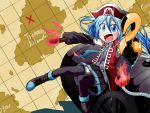  1girl blue_eyes blue_hair cannon coat detached_sleeves hat hatsune_miku long_hair map necktie pirate_hat skirt smile solo tamago-kiiroi thighhighs twintails vocaloid zettai_ryouiki 