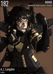  1girl a._j._langdon absurdres armor black_hair character_name clenched_hand clenched_hands copyright_name eve_online evemoedesu facial_mark gauntlets goggles highres levius mecha_musume minmatar_republic_(eve_online) short_hair solo standing 