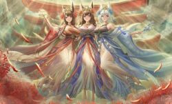 akagi_(azur_lane) amagi_(azur_lane) animal_ears azur_lane fox_ears fox_tail kaga_(azur_lane) long_hair multiple_girls multiple_tails short_hair