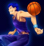  aomine_daiki basketball basketball_uniform blue_eyes blue_hair dark_skin evil_grin evil_smile glowing grin highres kuroko_no_basuke smile smooooooch sportswear wristband 