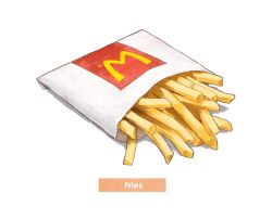  commentary_request english_text fast_food food food_focus food_wrapper french_fries highres jchoy logo mcdonald's no_humans object_focus on_floor shadow simple_background still_life white_background white_bag yellow_happi 