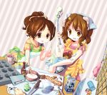  2girls apron baking bear brown_hair cooking food hair_ornament hirasawa_ui hirasawa_yui k-on! knife messy milk milk_carton mintchoco multiple_girls siblings 