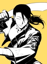  1boy arm_up bare_pectorals belt_buckle buckle chest_belt closed_eyes collarbone collared_jacket commentary_request floating_hair fullmetal_alchemist greyscale_with_colored_background holding holding_sword holding_weapon jacket korean_commentary ling_yao long_hair long_sleeves male_focus open_clothes open_jacket orange_background pectorals ponytail popped_collar scimitar smile solo sword weapon wide_sleeves yamsong 