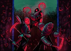  building cityscape crossed_arms crowd dual_wielding glowing_mask highres holding holding_sickle holding_weapon limbus_company mask multiple_others one-eyed pefo387384 pickaxe project_moon red_eyes sickle sky sweeper_(project_moon) tank_(container) weapon 