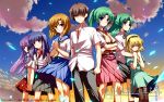  blue_eyes blue_hair brown_hair furude_rika green_hair hairband hanyuu highres higurashi_no_naku_koro_ni houjou_satoko long_hair maebara_keiichi matsuzaki_yutaka pantyhose ponytail purple_hair red_eyes ryuuguu_rena sailor_dress school_uniform serafuku sonozaki_mion sonozaki_shion vest wallpaper 