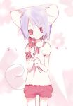  animal_ears blush flower loli looking_at_viewer mouse_ears mouse_girl original purple_hair red_eyes short_hair shorts solo tail 