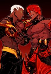  2boys 5_horulu abs ashwatthama_(fate) closed_mouth dark-skinned_male dark_skin emiya_alter fate/grand_order fate_(series) grin highres looking_at_viewer male_focus multiple_boys muscular muscular_male pectorals red_hair short_hair smile teeth topless_male white_hair yellow_eyes 