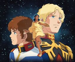  1980s_(style) 1girl 2boys absurdres amuro_ray bindi black_hair blonde_hair blue_eyes blue_jacket brown_hair char_aznable dark-skinned_female dark_skin diegodoodles double_bun dress earth_federation epaulettes from_side full_body green_eyes gundam hair_bun high_collar highres jacket lalah_sune long_sleeves male_focus military military_uniform mobile_suit_gundam multiple_boys open_mouth red_jacket retro_artstyle science_fiction shoes short_hair sky star_(sky) starry_sky upper_body yellow_dress yellow_shoes zeon 