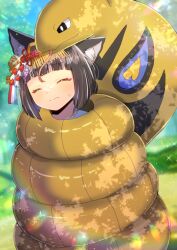  1girl alternate_color animal_ear_fluff animal_ears arbok azur_lane blurry blurry_background blush brown_hair closed_eyes closed_mouth commentary_request commission constriction crossover day depth_of_field forked_tongue fox_ears hair_ornament kou_hiyoyo mutsu_(azur_lane) outdoors pokemon pokemon_(creature) shade shiny_pokemon short_hair skeb_commission small_sweatdrop sweat tongue tree 