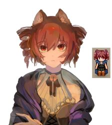 1girl alternate_costume animal_ears belt_collar black_choker black_ribbon cape cat_ears choker closed_mouth collar dress fingernails hair_between_eyes highres kasane_teto layered_dress looking_at_viewer mao206327 neck_ribbon pixel_art_inset purple_cape red_eyes reference_inset ribbon simple_background solo straight-on twin_drills twintails upper_body utau white_background white_dress