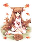  fox foxgirl kimono kitsunemimi long_hair miko tail thigh_highs 