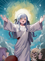  5girls absurdres ave_mujica_(bang_dream!) bang_dream! bang_dream!_it&#039;s_mygo!!!!! beret black_hair black_mask blonde_hair blue_hair clouds crying doloris_(bang_dream!) green_eyes hair_ribbon halo hat highres jesus misumi_uika mo_qing multiple_girls open_mouth outstretched_arms purple_hair red_eyes red_hat red_sash ribbon robe sash short_hair skis sparkle togawa_sakiko twintails violet_eyes wakaba_mutsumi white_robe yahata_umiri yellow_eyes yuutenji_nyamu 