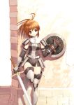  blush brown_hair female final_fantasy final_fantasy_xi hume knight long_hair orange_hair purple_eyes shield short_hair skirt solo source_request sword ueda_ryou weapon 