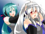  alternate_hairstyle blue_hair blush bow caffein detached_sleeves green_eyes hairstyle_switch happy hatsune_miku headphones long_hair musical_note necktie open_mouth red_eyes surprised surprised_arms twintails vocaloid voyakiloid wallpaper white_hair yowane_haku 