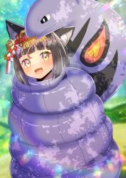  1girl :d animal_ear_fluff animal_ears arbok azur_lane blurry blurry_background blush brown_eyes brown_hair commission constriction crossover day depth_of_field fang forked_tongue fox_ears hair_ornament kou_hiyoyo mutsu_(azur_lane) outdoors pokemon pokemon_(creature) shade short_hair skeb_commission smile tongue tree 