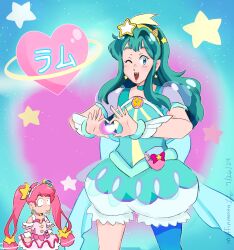;d cure_milky cure_milky_(cosplay) cure_star heart_background hoshina_hikaru lum muffinmoonn multicolored_background non-web_source precure pretty_cure star_twinkle_precure stars tagme teal_background urusei_yatsura