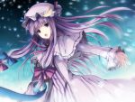  bangs blunt_bangs crescent hat kiyu long_hair open_mouth outstretched_arms patchouli_knowledge purple_eyes purple_hair ribbon solo spread_arms touhou 
