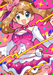  1girl :d anidler91 blue_eyes bow brown_hair earrings hair_bow highres jewelry looking_at_viewer may_(contest)_(pokemon) may_(pokemon) midriff open_mouth pink_bow pink_skirt pokemon pokemon_oras shirt shorts shorts_under_skirt showgirl_skirt skirt smile solo stud_earrings 