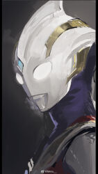  1boy alien black_border blue_skin border chinese_commentary colored_skin commentary compound_eyes dorsal_fin forehead_jewel from_side glowing glowing_eyes grey_background highres male_focus meru02295238 multicolored_skin pillarboxed portrait red_skin silver_skin simple_background solo tokusatsu ultra_series ultraman_trigger ultraman_trigger_(multi_type) ultraman_trigger_(series) watermark weibo_username weibo_watermark 