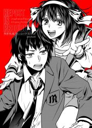 1boy 1girl arm_around_neck collared_shirt hair_between_eyes hair_ribbon hairband highres ikuhashi_muiko jacket kita_high_school_uniform kyon light_blush long_sleeves medium_hair necktie open_mouth red_background ribbon sailor_collar school_uniform shirt short_hair smile suit_jacket suzumiya_haruhi suzumiya_haruhi_no_yuuutsu sweatdrop twitter_username upper_body v 