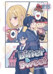  3boys black_hair blue_hair chocolate ciel_phantomhive colored_eyelashes cover cover_page doujin_cover eyelashes eyepatch food glasses heart highres implied_yaoi joanne_harcourt kurosh00kie kuroshitsuji muffin multiple_boys red_eyes scribble sebastian_michaelis spoken_heart 