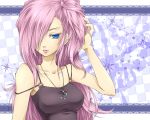  1girl alternate_hairstyle bad_id blue_eyes hair_over_one_eye jewelry long_hair megurine_luka necklace pink_hair solo ueno_tsuki vocaloid 