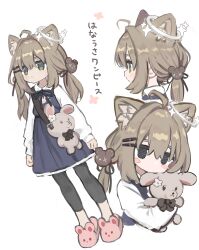  1girl absurdres ahoge animal_bag animal_ear_fluff animal_ears animal_slippers bag black_leggings black_ribbon blue_dress blush_stickers brown_hair bunny_slippers cat_ears collared_shirt commentary_request dress grey_hair hair_between_eyes hair_intakes hair_ornament hair_ribbon hairclip highres hugging_object jitome kururu_(kululu_shippo) leggings long_hair long_sleeves low_twintails multiple_views neck_ribbon original pink_slippers profile puffy_long_sleeves puffy_sleeves ribbon shirt shoulder_bag simple_background sleeveless sleeveless_dress slippers stuffed_animal stuffed_rabbit stuffed_toy translation_request twintails white_background white_shirt 