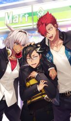  1girl 2boys animal_ears arm_on_another&#039;s_shoulder backpack bag belt black_belt black_hair black_hairband black_jacket black_pants blue_eyes blue_sky blue_vest breasts bullying caenis_(fate) clouds collarbone commentary convenience_store cowboy_shot crest crossdressing dark-skinned_female dark_skin day delinquent family_crest fate/grand_order fate_(series) gakuran grey_hair grin hair_between_eyes hair_intakes hair_over_one_eye hair_slicked_back hairband hand_on_another&#039;s_head headphones headphones_around_neck height_difference holding holding_bag jacket jewelry lapels large_breasts leaning_on_person long_sleeves looking_at_another male_focus mandricardo_(fate) medium_hair mori_nagayoshi_(fate) multicolored_hair multiple_boys necklace nitaka_(fujikichi) official_alternate_costume official_art one_eye_covered open_clothes open_jacket open_mouth open_vest orange_eyes outdoors pants parted_lips pectoral_cleavage pectorals rabbit_ears red_hair red_shirt school_uniform sharp_teeth shirt shirt_under_shirt shop short_hair silver_necklace single_tear sky smile smirk sunlight teeth third-party_source two-tone_hair v-neck vest white_hair white_shirt 