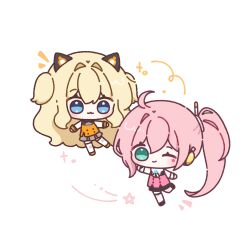  2girls :3 ahoge animal_ears black_skirt blonde_hair blue_eyes cat_ears chibi chibi_only closed_mouth facial_mark green_eyes grey_skirt hashtag-only_commentary highres long_hair looking_at_another mei_(meiday_mise) miniskirt multiple_girls one_eye_closed orange_shirt pink_hair pink_shirt pleated_skirt seeu shirt side_ponytail simple_background skirt star_(symbol) star_facial_mark uni_(vocaloid) very_long_hair vocaloid white_background 