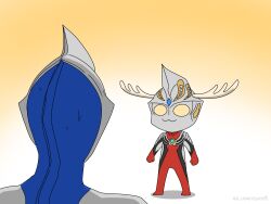  2boys :3 alien antlers black_skin blue_gemstone blue_skin brown_background chibi colored_skin commentary deer_antlers forehead_jewel from_behind full_body g_u0401earth gem gold_skin gradient_background han_megumi highres horns looking_at_another multicolored_skin multiple_boys red_skin shadow shikanoko_noko shikanoko_nokonoko_koshitantan silver_skin standing sweatdrop tokusatsu twitter_username ultra_series ultraman_cosmos ultraman_cosmos_(series) ultraman_justice voice_actor_connection white_background yellow_eyes 