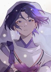  1boy armor artist_name clothing_cutout curtained_hair djuney9 eyelashes eyeliner eyeshadow genshin_impact hair_intakes highres japanese_armor japanese_clothes kariginu kimono kote kurokote lavender_melon_(genshin_impact) layered_kimono layered_sleeves looking_at_viewer makeup male_focus open_mouth portrait purple_hair purple_kimono purple_sleeves red_eyeliner red_eyeshadow scaramouche_(genshin_impact) scaramouche_(kabukimono)_(genshin_impact) shoulder_cutout solo tasuki tears violet_eyes white_background white_mouth white_sleeves 