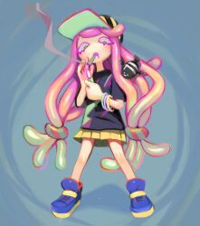  1girl baseball_cap black_shirt blue_shoes bracelet commentary fish gradient_hair green_hair harmony's_clownfish_(splatoon) harmony_(splatoon) hat highres holding holding_lighter jewelry joint_(drug) lighter miniskirt multicolored_hair orange_hair pink_hair pleated_skirt sh1tty2 shirt shoes skirt smoke smoking solo splatoon_(series) splatoon_3 symbol-only_commentary tentacle_hair yellow_skirt 