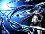  bad_id bikini_top black_hair black_rock_shooter black_rock_shooter_(character) blue_eyes chain garuku glowing glowing_eyes highres long_hair midriff navel pale_skin scar shorts solo star twintails uneven_twintails very_long_hair wallpaper 