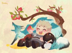  1boy absurdres angry_(arknights) arknights armor bitey_(arknights) blonde_hair brown_shoes chibi chii_(chiielein) closed_eyes commentary crumbs dungeon_meshi english_commentary food fruit full_body happy highres holding holding_food holding_fruit laios_touden male_focus open_mouth peach peach_tree shoes smile yellow_background 