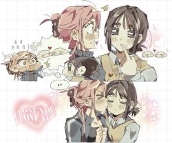  2girls alien_stage black_hair black_shirt blue_jacket claw_hair_clip closed_eyes collared_shirt commentary_request dokusuji_(kw9onou58) flying_sweatdrops grid_background heart jacket kiss kissing_cheek mizi_(alien_stage) multiple_girls official_alternate_costume pointing_at_mouth ponytail shirt short_ponytail sua_(alien_stage) sweater_vest translation_request white_shirt yellow_sweater_vest yuri 