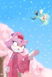  1girl :o animal_ears animal_nose blaze_the_cat blue_sky body_fur bracelet cat_ears cat_girl cat_tail falling_petals floral_print forehead_jewel full_body fur-trimmed_gloves fur_trim furry furry_female furry_male gloves gold_bracelet grey_fur hedgehog_boy highres japanese_clothes jewelry kimono neck_fur outdoors parada_paradise petals pink_kimono ponytail purple_fur purple_sash sash short_tail silver_the_hedgehog sky sonic_(series) standing tail telekinesis topknot upper_body white_fur white_gloves yellow_eyes 
