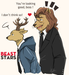 2boys animal_ears annoyed antlers beastars deer_antlers deer_boy deer_ears doraemonbasil english_commentary fang furry furry_male glasses heart horns ibuki_(beastars) lion_boy lion_ears lion_mane looking_at_another looking_to_the_side louis_(beastars) male_focus multiple_boys open_mouth profile scribble whiskers 