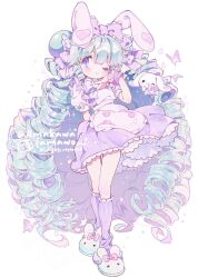  1girl amakawa_tamawo animal_ears animal_slippers apron aqua_hair arm_behind_back blue_eyes blush bow bun_cover bunny_slippers commission dress english_text full_body hair_bow hair_ornament highres kneehighs long_hair looking_at_viewer loose_socks miruku_(cutesuu) one_eye_closed original puffy_short_sleeves puffy_sleeves purple_dress rabbit_ears ringlets short_sleeves sidelocks simple_background slippers smile socks solo standing twitter_username very_long_hair watermark white_background wing_hair_ornament wrist_cuffs 