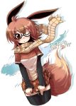  ahoge animal_ears black_legwear blush brown_eyes brown_hair bunnygirl checkered costume eevee glasses kronosaurus miniskirt nintendo personification pokemon scarf short_hair simple_background skirt solo tail thigh_highs thighhighs white_background wink zettai_ryouiki 